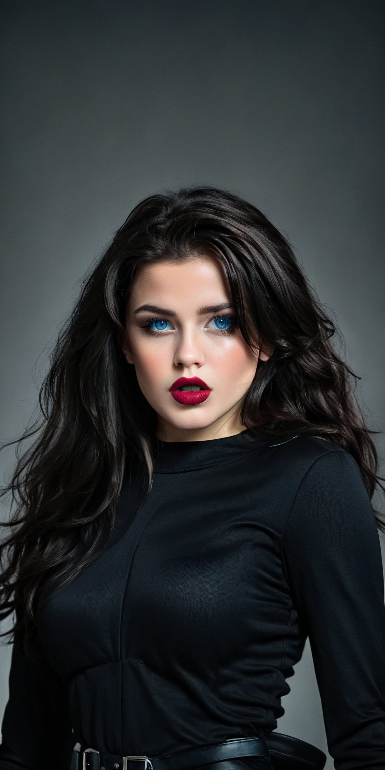 ((Generate hyper realistic half body image of captivating scene featuring by a stunning 20 years old girl,)) with long long black hair, some flowing curls, seductive lips, moist lips, with a black shirt umbotoned, bare shoulders, piercing, blue eyes, photography style , Extremely Realistic, ,photo r3al