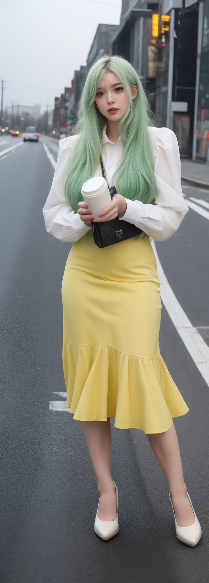 lovely  cute  young  attractive  Europe teenage  girl  in  a  pretty foreign dress,  23  years  old  ,  cute  ,  an  Instagram  model  ,  long  yellow-green_hair  ,  winter  ,  on the road  .  , bag in hands „ Europe 