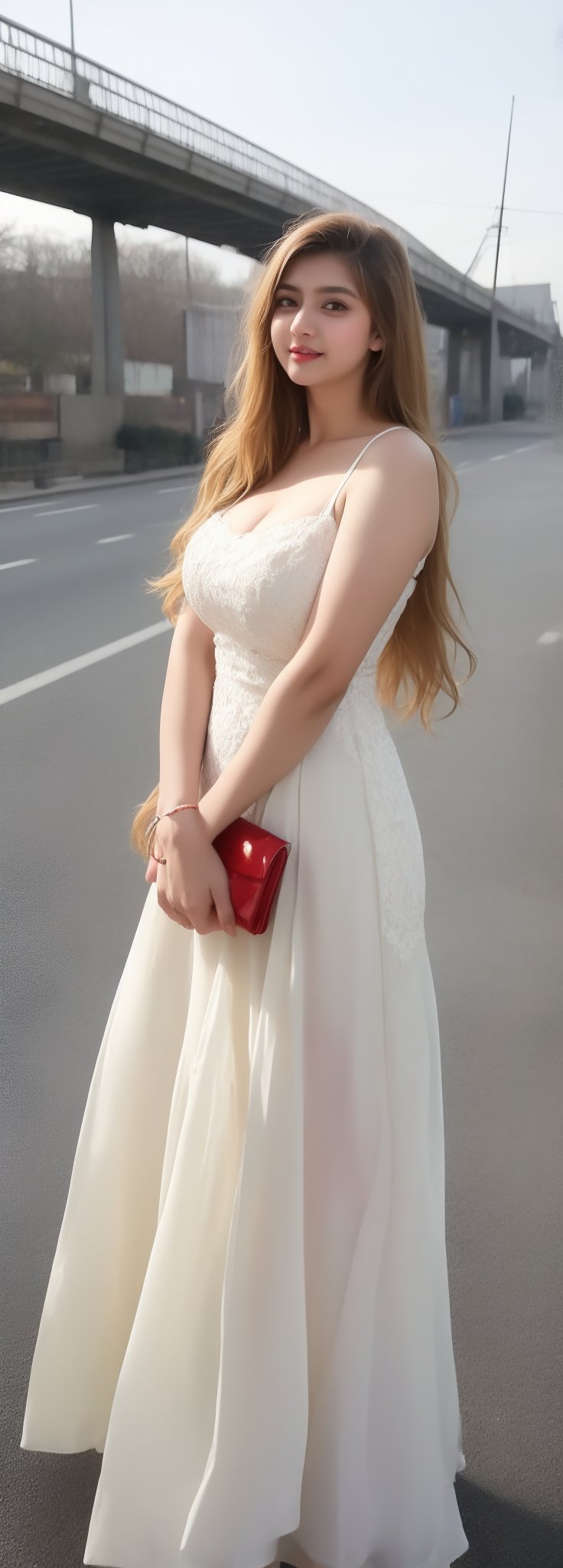 lovely  cute  young  attractive  indian  teenage  girl  in  a  pretty foreign dress,  23  years  old  ,  cute  ,  an  Instagram  model  ,  long  blonde_hair  ,  winter  ,  on the road  .  ,  „  Indian 