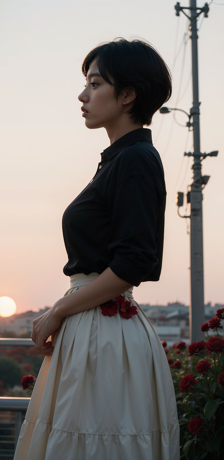 1girl, solo, short hair, black hair, White long skirt,whole body, flower, redscale, profile,sunset,movie mood,Beautiful