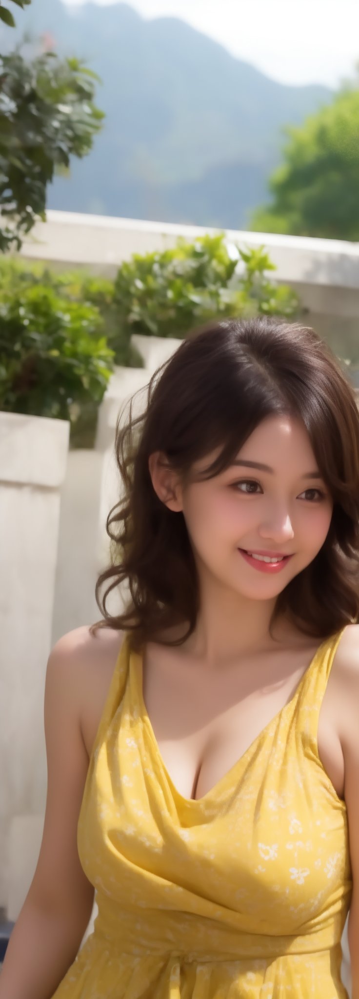 a beauty girl with short_curly 
year <20 years old>
brown_hair
curly_hair
small_body
smiling to viewer
dressed in a yellow dress with flower print,Pixel art
brown_eyes
scenary