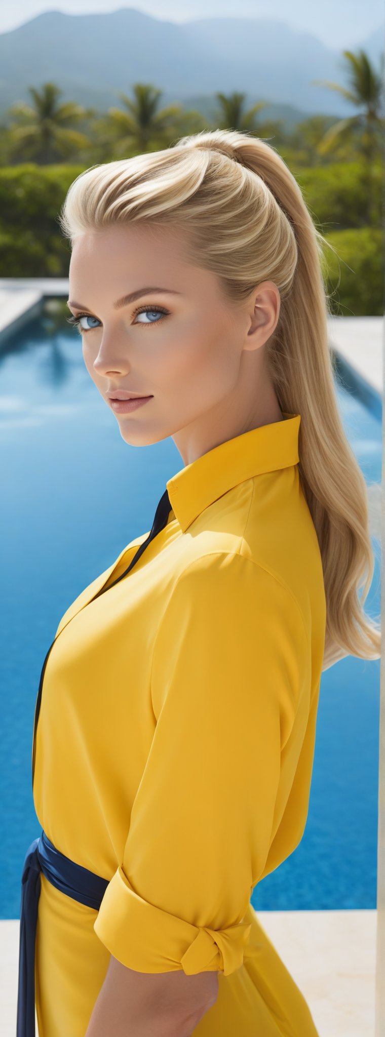 Captured from the perspective of a professional camera, an elegant supermodel with flowing blonde hair and stunning blue eyes lies gracefully by the infinity pool, her sleek ponytail and stylish long yellow shirt adding to her allure. This image, whether a photograph or a painting, exudes luxury and sophistication. The model's perfect features, radiant beauty and impeccable sense of style create a mesmerizing, high-quality visual experience.