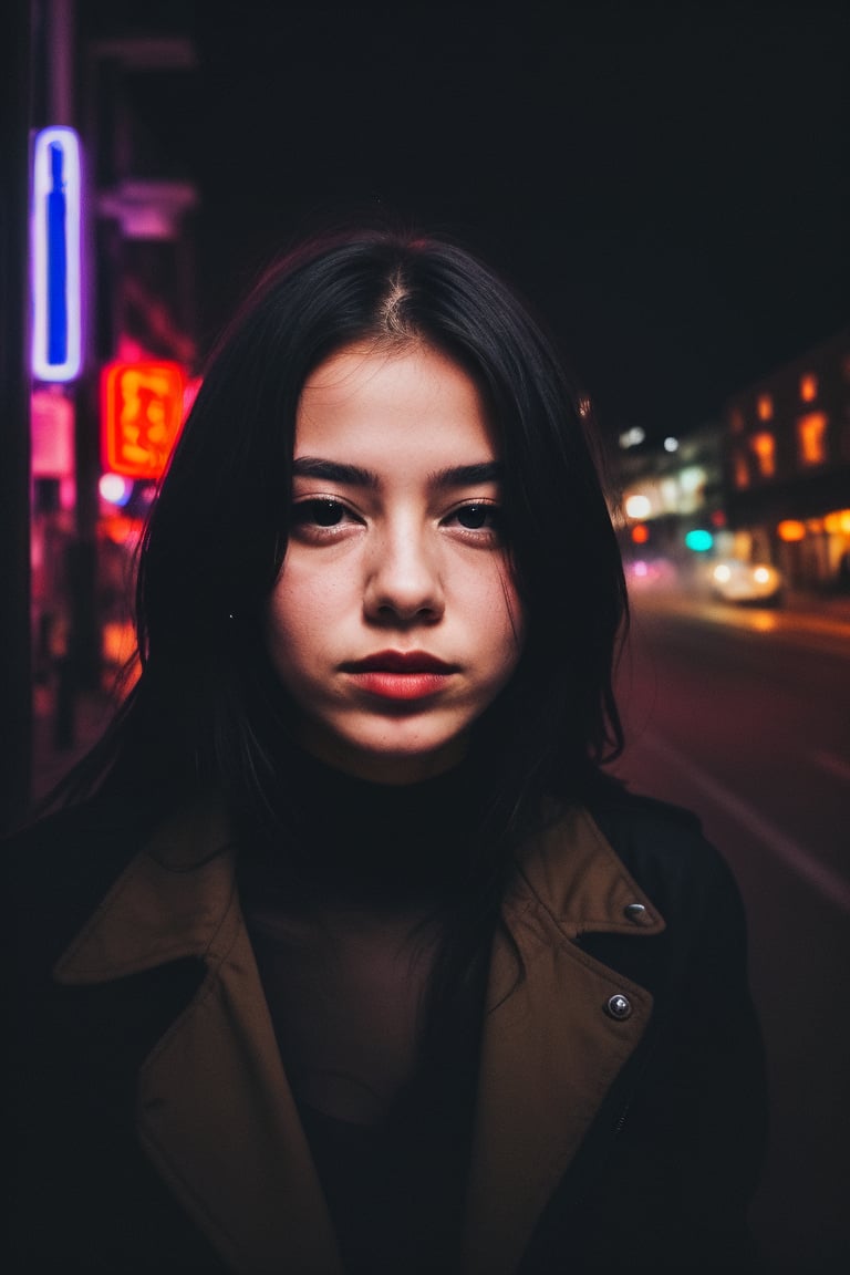 city street, neon, fog, volumetric, closeup portrait photo of young woman in dark clothes, 
