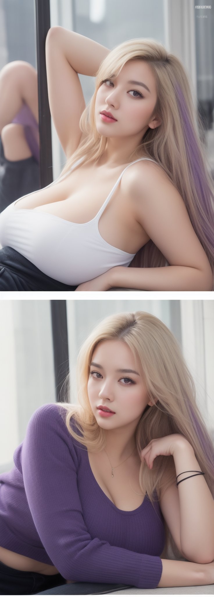 ((masterpiece,best quality)), high res, HD, illustration, solo female, random color, random pose, complex color,
perfect anatomy, comic style, oversize clothing ,Sexy Pose,perfect
,Korean,idol,Beauty,korean
((Purple-yellow hairs))