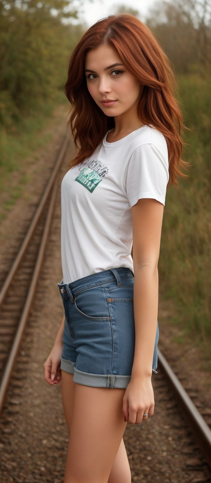 Generate hyper realistic image of a woman with medium length, auburn hair that has a natural, slightly tousled look. The lighting highlights the warm tones in her hair. Her eyes are bright green and expressive. She is wearing a casual t-shirt with a trendy, edgy design. The t-shirt has a comfortable, slightly loose fit. She also wears a denim shorts, slightly distressed and sneakers. She is standing in an old, unused railway track surrounded by nature. The tracks stretch into the distance.