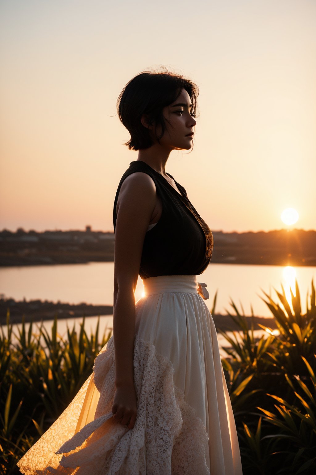 1girl, solo, short hair, black hair, White long skirt,whole body, flower, redscale, profile,sunset,movie mood,Beautiful