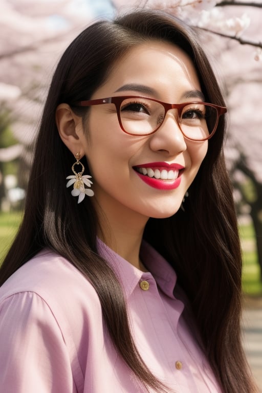 1girl, solo, long hair, looking at viewer, smile, random colour hair, shirt, brown eyes, jewelry, earrings, outdoors, parted lips, glasses, teeth, lips, cherry blossoms, portrait, realistic, nose, branch