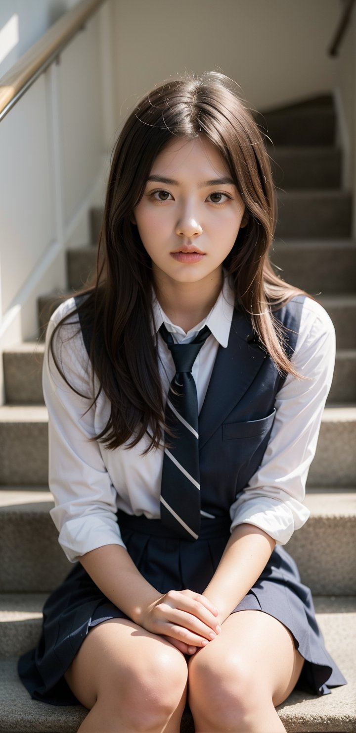 high school student,girl,school uniform,sitting on stair,Best Quality, 32k, photorealistic, ultra-detailed, finely detailed, high resolution, perfect dynamic composition, beautiful detailed eyes, sharp-focus, cowboy_shot, 