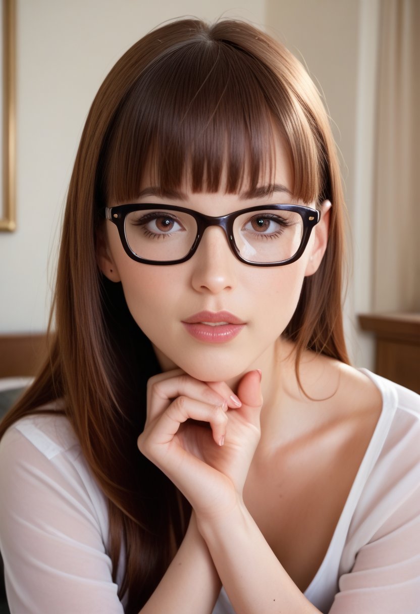 Hyperrealistic art Hyperrealistic art Hyperrealistic art score_9, score_8_up, score_7_up, score_6_up, score_5_up, , BREAK
, eimiFukada, ,
1girl, bangs, black-framed eyewear, blunt bangs, brown hair, glasses, indoors, lips, looking at viewer . Extremely high-resolution details, photographic, realism pushed to extreme, fine texture, incredibly lifelike