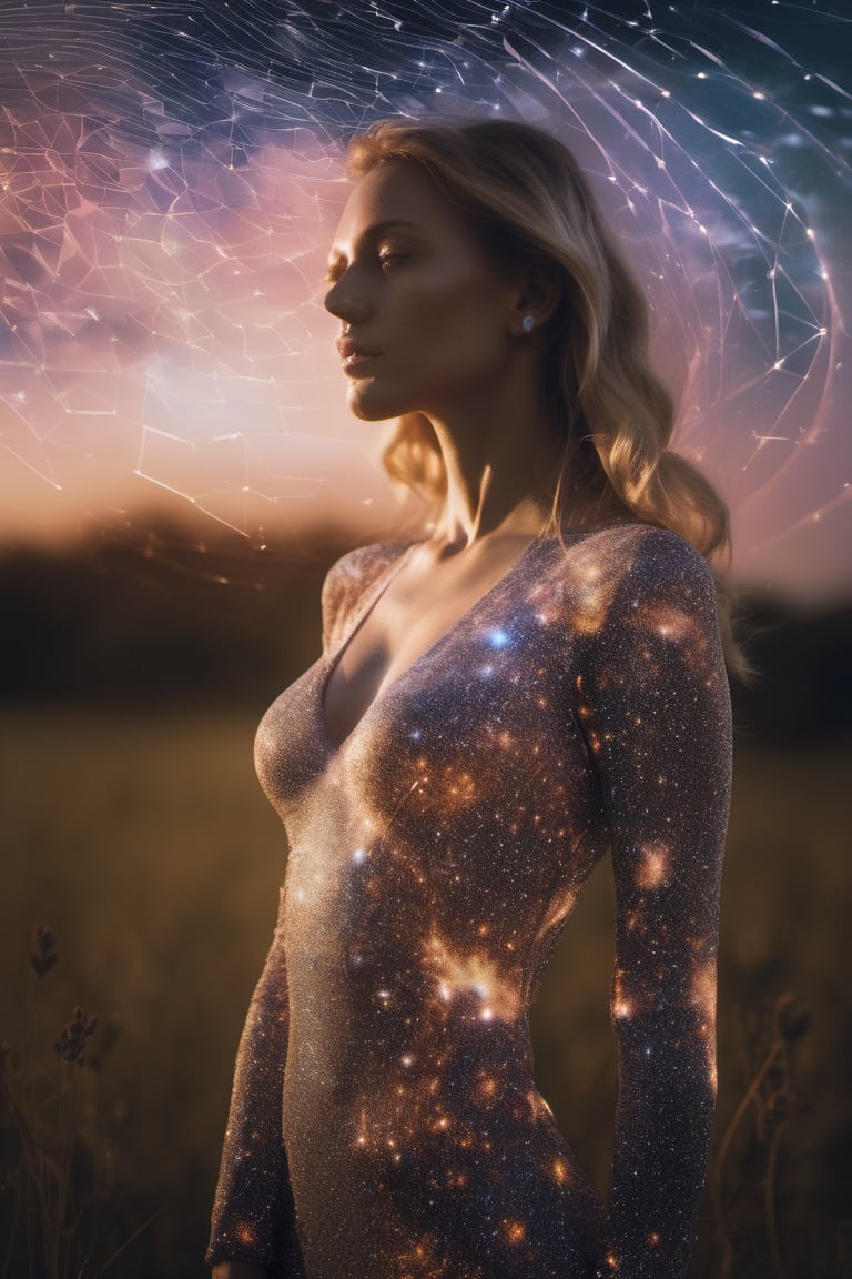 A close up fantastic image of a woman's outline containing the entire galaxy inside of her, as she stands in a field in summer at sunset, a soft aura surrounding her
