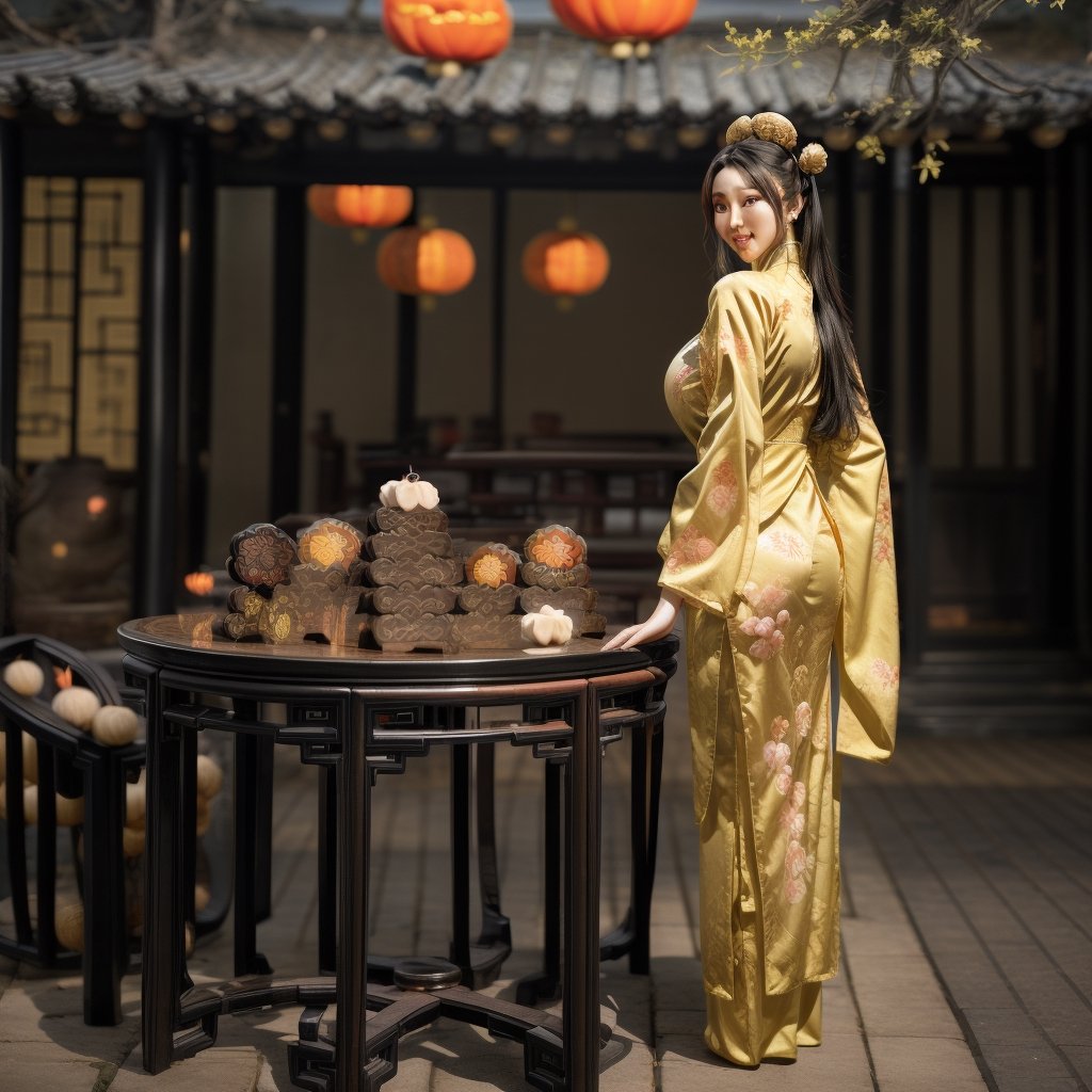 1womanl, 20yr old,((Chinese female celebrity)),The lens is shot from top to bottom,Chinese costumes,Gorgeous,the night,Ancient Chinese architecture,Chinese elements,Wooden dining table,((Mid-Autumn Mooncakes)),candlestick,Candle,lantern,,baifernbah