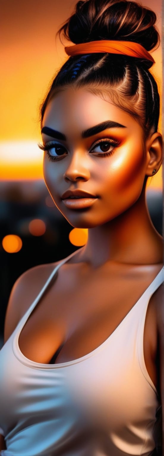 Solo, A woman with a messy bun hairstyle and brown skin tone. Her eyelashes are enhanced with extensions and her eyebrows have a unique feather style. Her nails are long and painted a bright orange. She wears a sleeveless top in a soft orange tone and leggings in a dark orange shade. This woman is at sunset, under soft golden lighting that highlights the orange hues, and the image is shown in black and white with touches of color in the various shades of orange.,add_detail:0,7
