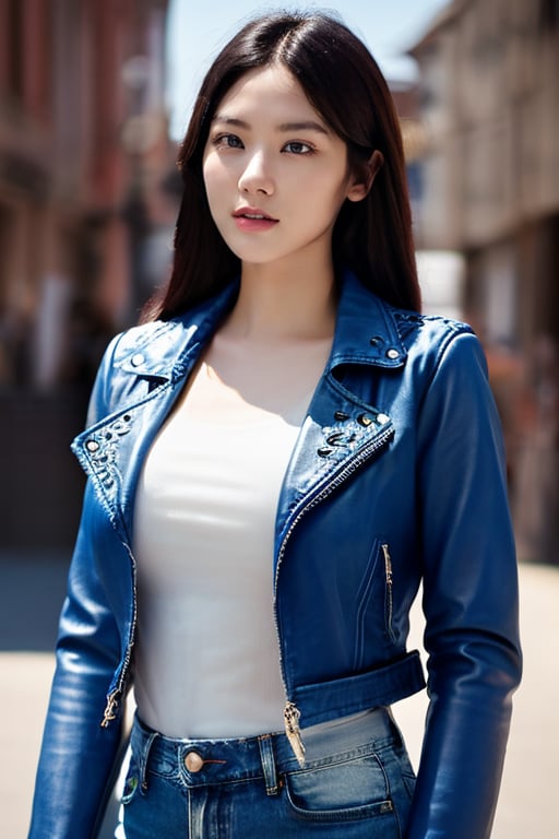 (masterpiece), (extremely intricate:1.3), (realistic), entered, award winning upper body digital art, (hyperelistic shadows), masterpiece, | korean, tight blue jean, open leather jacket, | city, sea, bokeh, blurred background, depth of field 