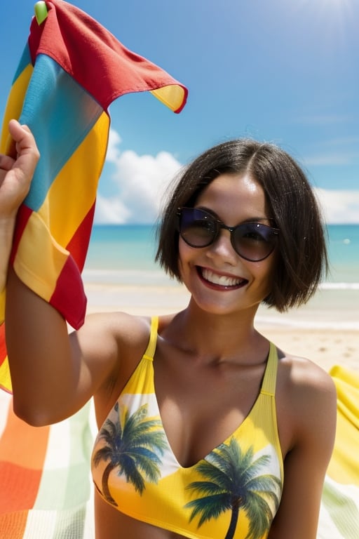 A smiling 22-year-old American girl, sporting a trendy bob-cut with short black hair, takes a selfie against the vibrant backdrop of Thai beaches. She's leaning against a colorful beach towel, wearing a bright yellow swimsuit and oversized sunglasses, her eyes squinting slightly from the tropical sunlight.