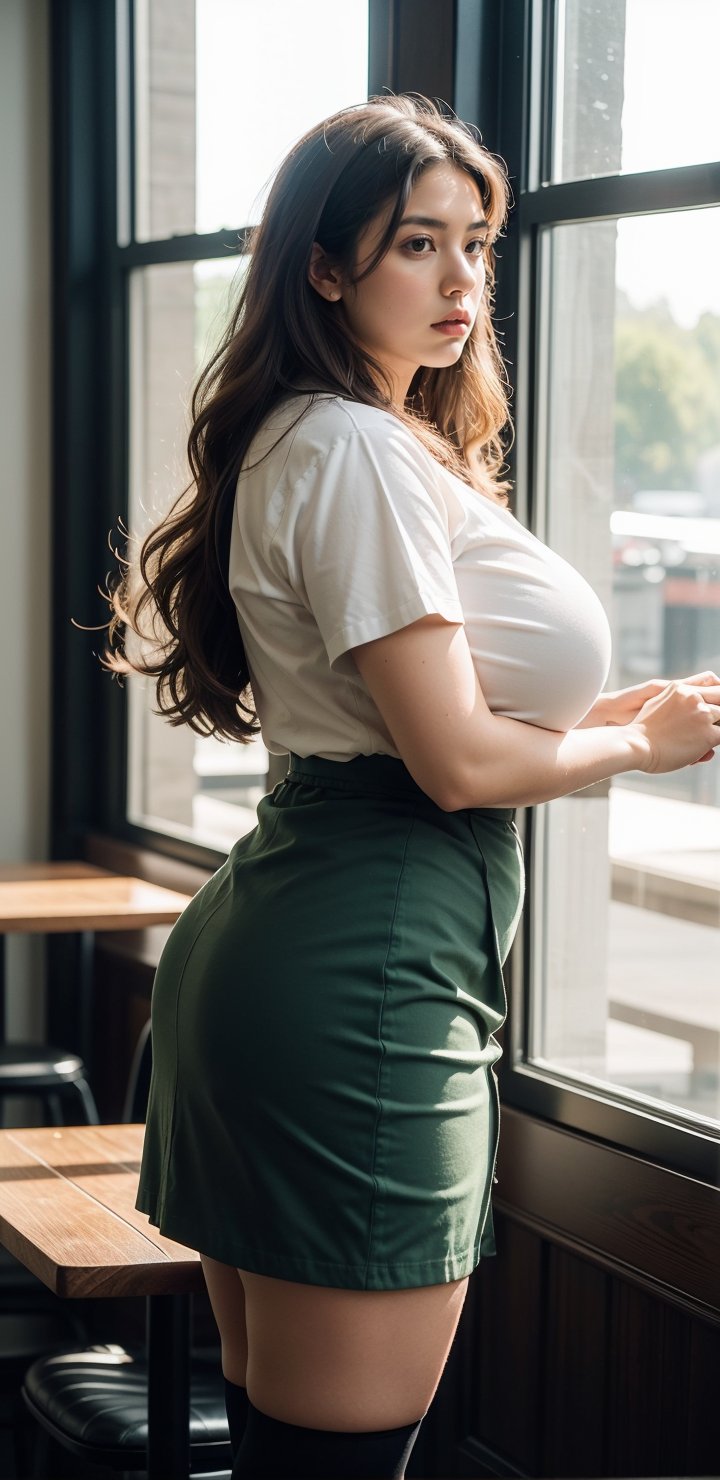 raw photo,  photorealistic,  intricate,  photo of beautiful 40 year old kerala mallu business woman, wearing green short midi skirt and shirt, talking in business meeting, thick waist,  long brown hair,  very_long_hair, formal dress, at italian coffee shop, chubby, chubby,  front-view,  gray eyes,  long wavy hair,  skin texture, holding luxury wallet, pores, morning light from window,   cinematic LUT,  medium shot,  waist and torso shot,  golden pin light to face,  warm point light to head and face, vibrant feminine  vintage Color Palette, more saturation , REALISTIC