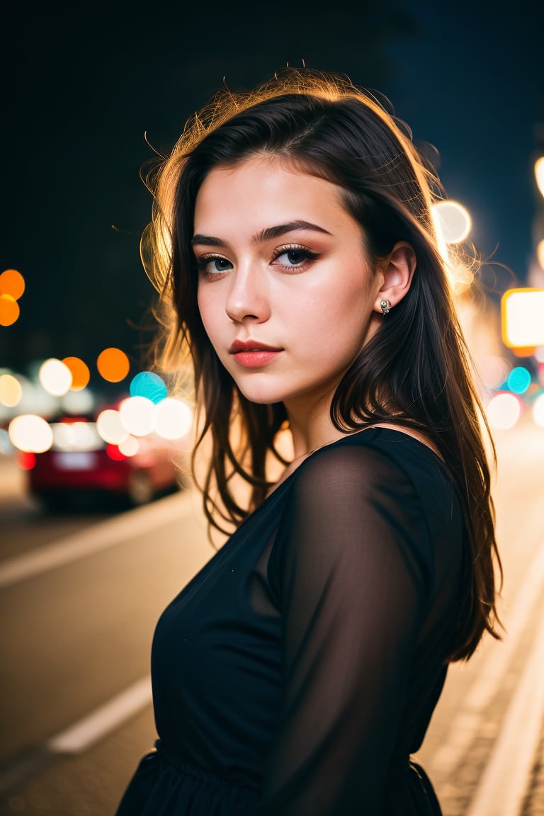 instagram photo, closeup face photo of 18 y.o swedish woman in dress, beautiful face, makeup, night city street, bokeh, motion blur
