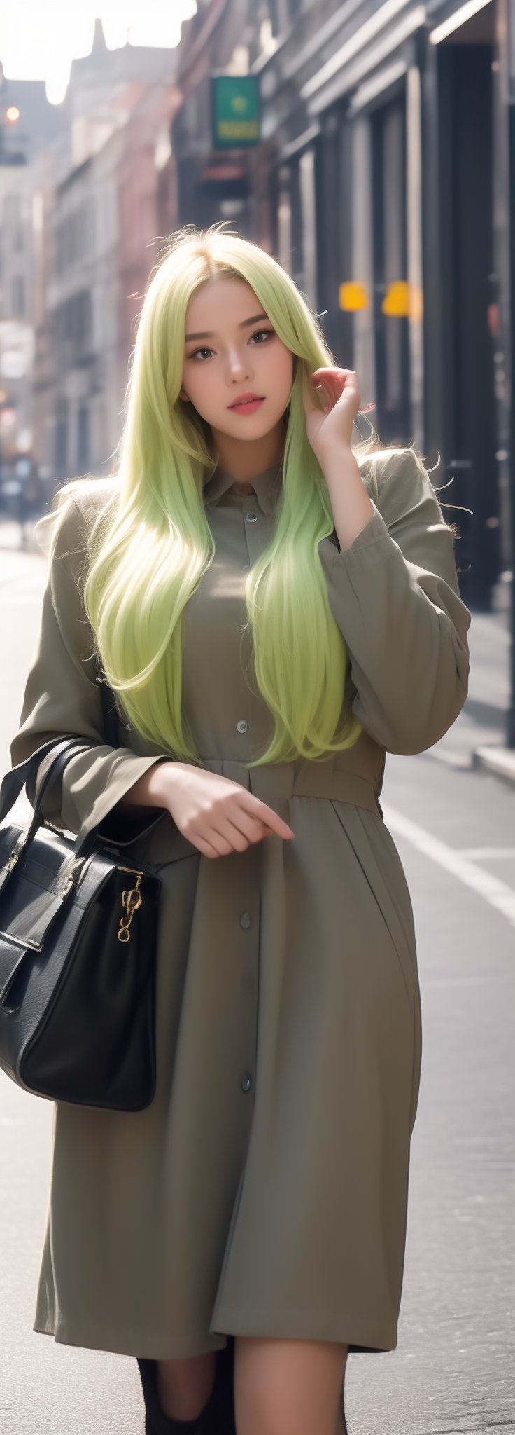 lovely  cute  young  attractive  Europe teenage  girl  in  a  pretty foreign dress,  23  years  old  ,  cute  ,  an  Instagram  model  ,  long  yellow-green_hair  ,  winter  ,  on the road  .  , bag in hands „ Europe 