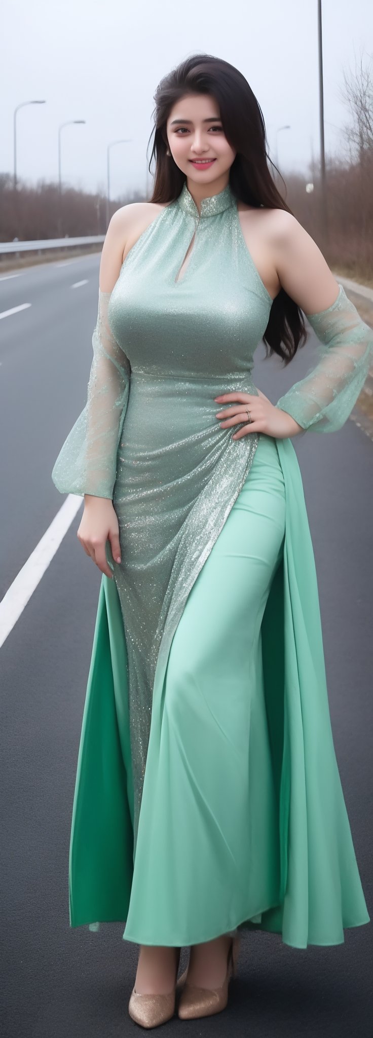 lovely  cute  young  attractive  indian  teenage  girl  in  a  pretty foreign dress,  23  years  old  ,  cute  ,  an  Instagram  model  ,  long  green_hair  ,  winter  ,  on the road  .  ,  „  Indian 