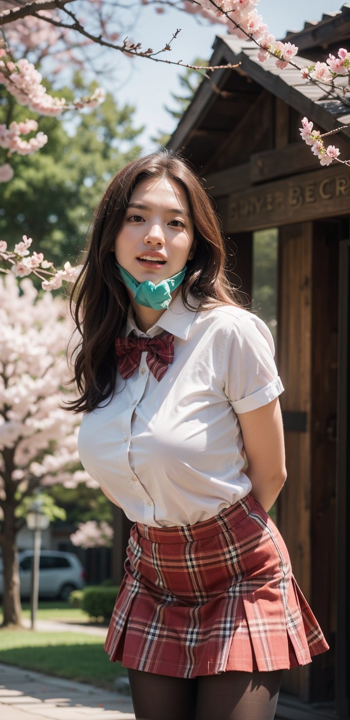 masterpiece, best quality, highres, aamahiru, long hair, red bowtie, white shirt, short sleeves, plaid skirt, brown skirt, pantyhose, , standing, cowboy shot, leaning forward, arms behind back, outdoors, cherry blossoms, smile, open mouth.