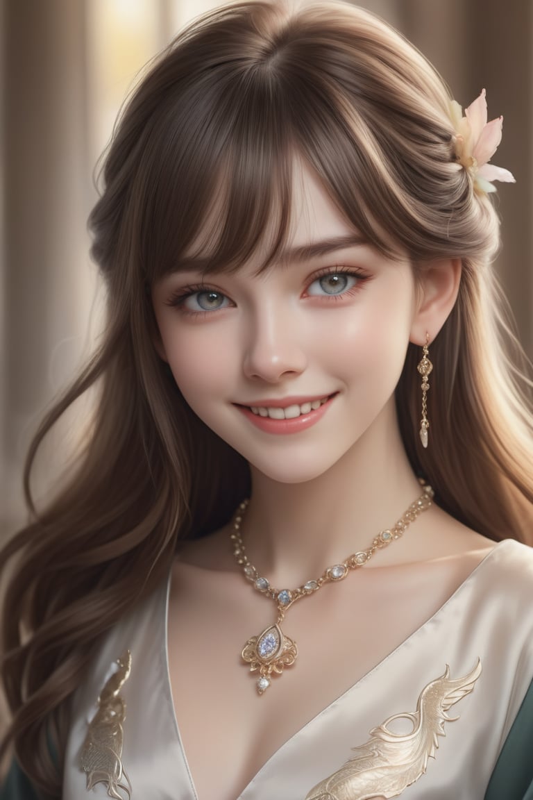 Beautiful, soft light, (beautiful and delicate eyes), very detailed, pale skin, big smile, (long hair), dreamy, medium chest, female 1, ((front shot)), bangs, soft expression, height 170, elegant , Bright smile, 8k art photo, photorealistic concept art, realistic, person, small necklace, small earrings, fantasy, jewelry, shyness, dreamy soft image, masterpiece, ultra high resolution, skirt, shirt, jacket, color , (both eyes (He gently closes his eyes, raises his head slightly, and appears absorbed in pleasant thoughts),dragon