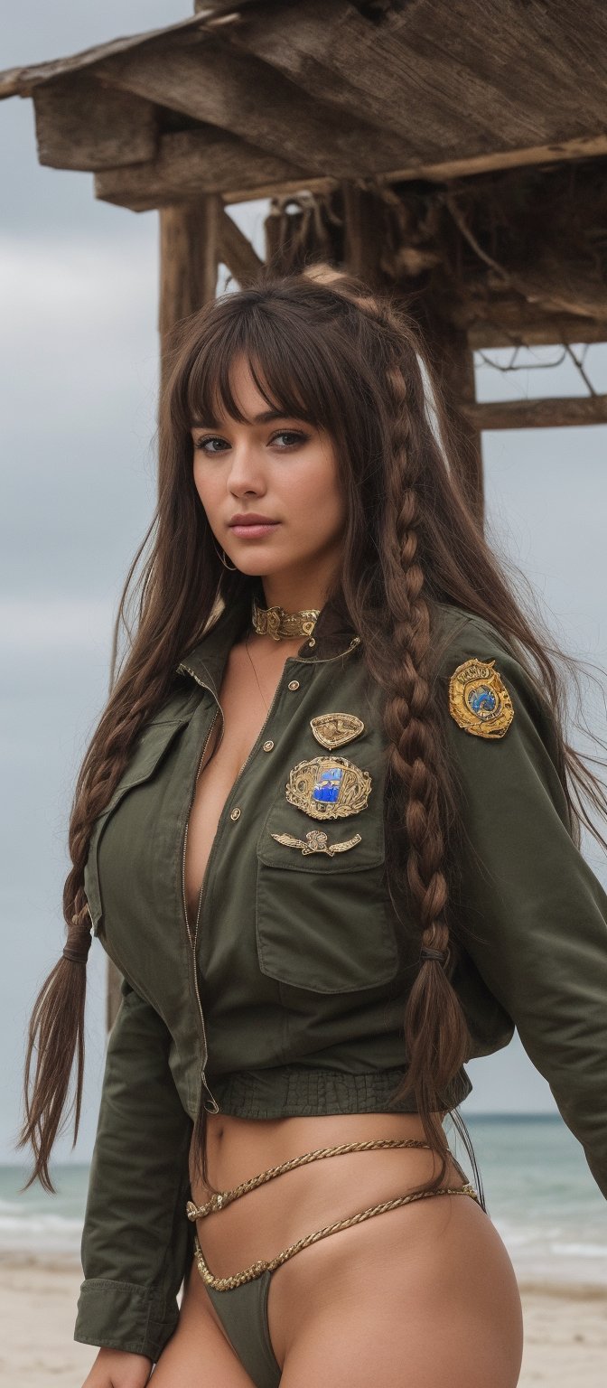 Generate hyper realistic image of a woman with long, brown hair styled in a braid, with bangs framing her face. She has large, expressive eyes, likely enhanced with makeup. She is wearing a blue military jacket with gold trim and epaulets, adorned with various badges and hite bikini bottoms. She is standing on a beach, with one hand adjusting her hair and the other resting on her hip.