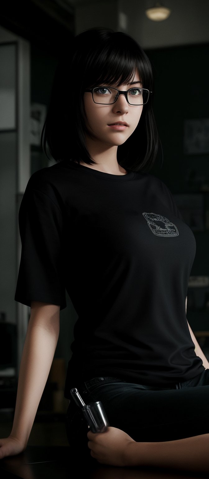 1girl, solo, looking at viewer, short hair, shirt, black hair, holding, sitting, short sleeves, glasses, indoors, black eyes, cup, lips, gun, black shirt, table, drinking glass, realistic