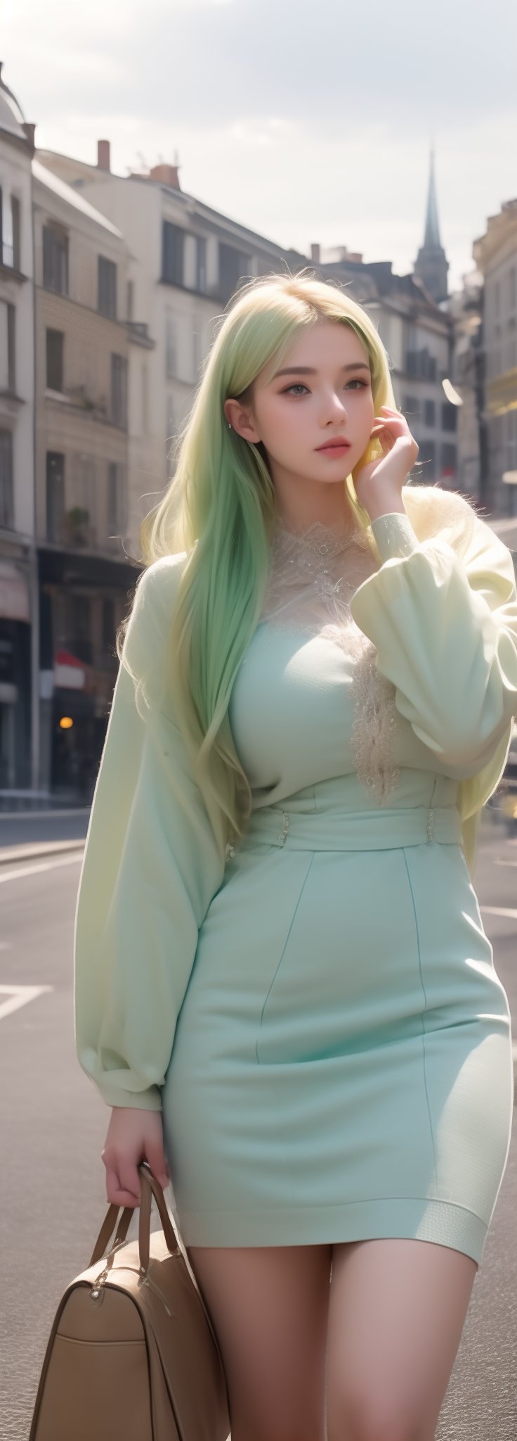 lovely  cute  young  attractive  Europe teenage  girl  in  a  pretty foreign dress,  23  years  old  ,  cute  ,  an  Instagram  model  ,  long  yellow-green_hair  ,  winter  ,  on the road  .  , bag in hands „ Europe 