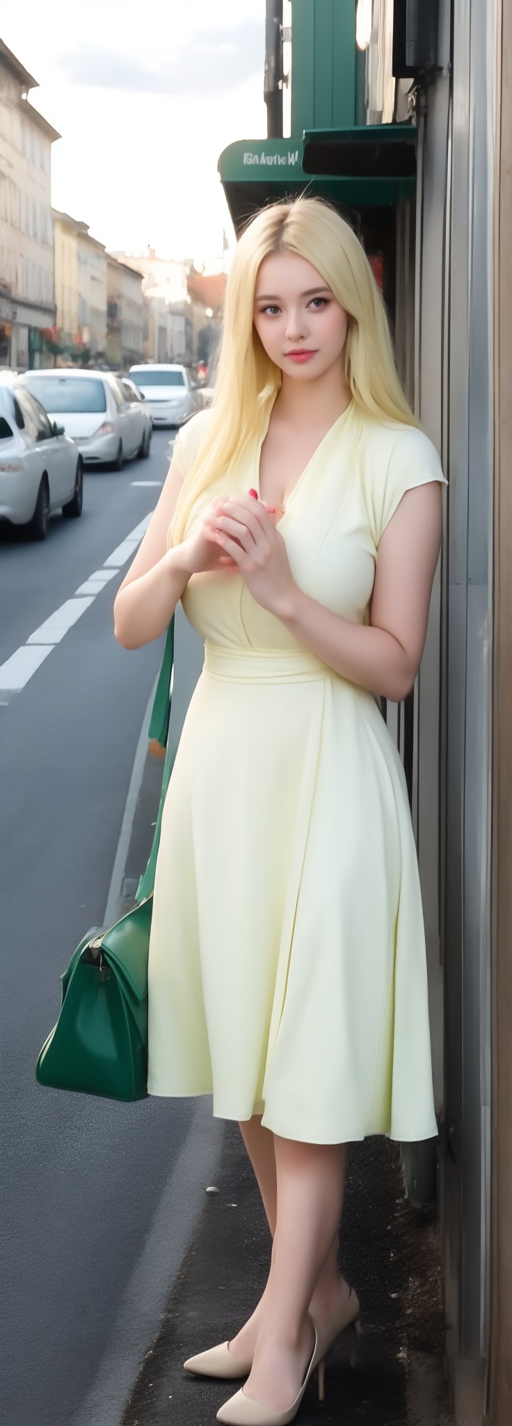 lovely  cute  young  attractive  Europe teenage  girl  in  a  pretty foreign dress,  23  years  old  ,  cute  ,  an  Instagram  model  ,  long  yellow-green_hair  ,  winter  ,  on the road  .  , bag in hands „ Europe 