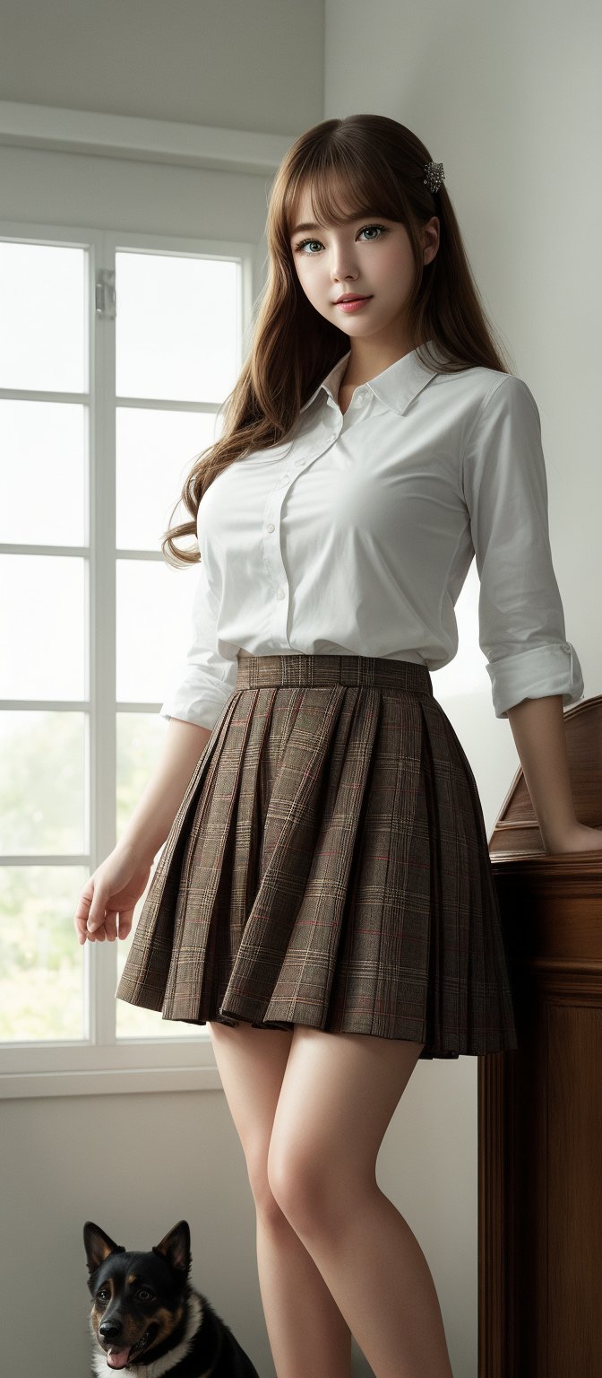 (((masterpiece))), (((best quality))), Best picture quality, high resolution, 8k, realistic, sharp focus, realistic image of elegant lady, Korean beauty, supermodel, girl, standing, wearing short-sleeved school uniform, dark-colored skirt, pleated skirt with tartan pattern, bubble socks, student shoes, light brown hair, long hair, green eyes, side-swept bangs, sideburns, phone, (wet body:1.0), sunlight, sweat, a dog, helf body, shoes removed, Head tilt, untucked, Profile, (high quality:1.0) (white background:0.8), detailed face, (blush:1.0), 1 girl,Young beauty spirit, ZGirl, perfect light, Detailedface,1 girl, big eyes, eye shadow ,SharpEyess, 
,perfecteyes eyes ,Smirk,Detailedface,perfect light,ZGirl,dreaming_background,photo of perfecteyes eyes,