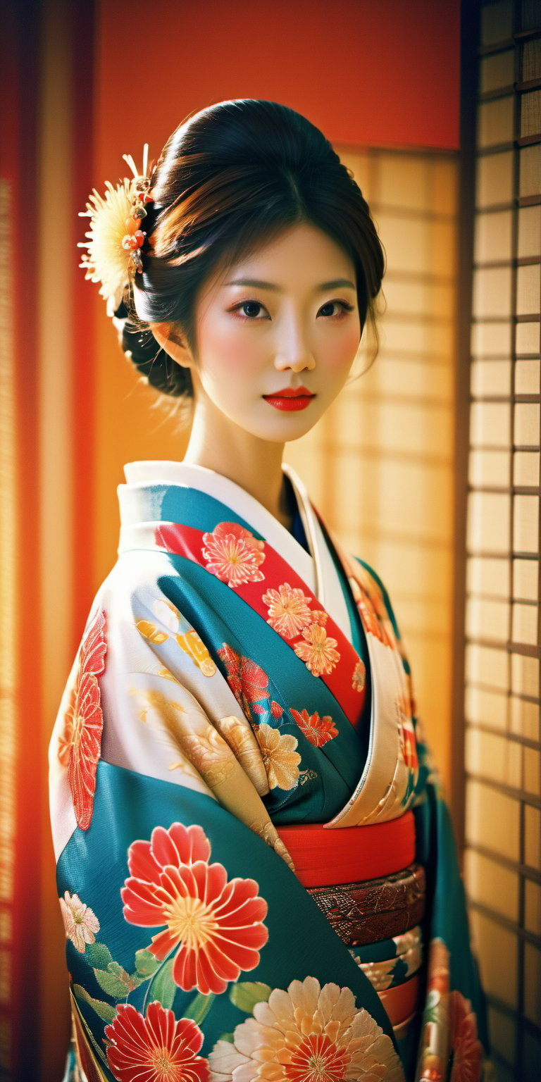 A photorealistic image of a beautiful Japanese woman with a serene expression, wearing a stunning traditional kimono dress. Capture the vibrant colors and intricate patterns of the kimono, more detail XL