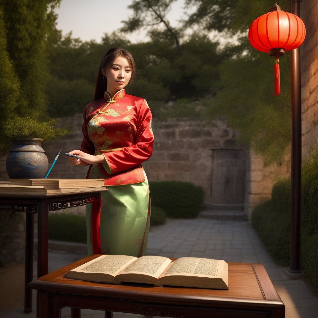 A photo of a beautiful girl in a traditional Chinese dress looking at the ancient Chinese book under the lamp on a low table in the garden surrounded by ancient walls on a peaceful evening,((His right holds a pen and his left hand places it on the table)),((master part)),Realistic,4k,extremamente detalhado,((lindos olhos grandes))