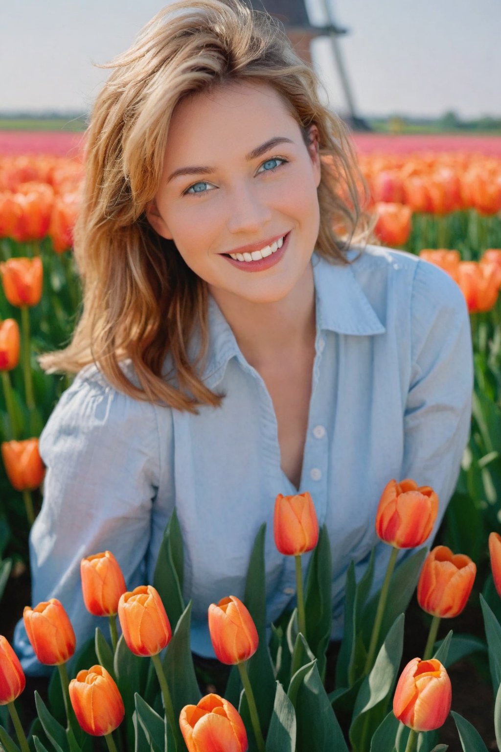 masterpiece, high quality, realistic aesthetic photo, pore and detailed, intricate detailed, graceful and beautiful textures, RAW photo, 16K, cinematic lighting, forcus on, windmill in the back of the tulip field, (cowboy shot), Dutch-young-girl, cute-face, orange curl short hair, beautiful eyes, cute smile, light-blue shirt, jeans,more detail XL