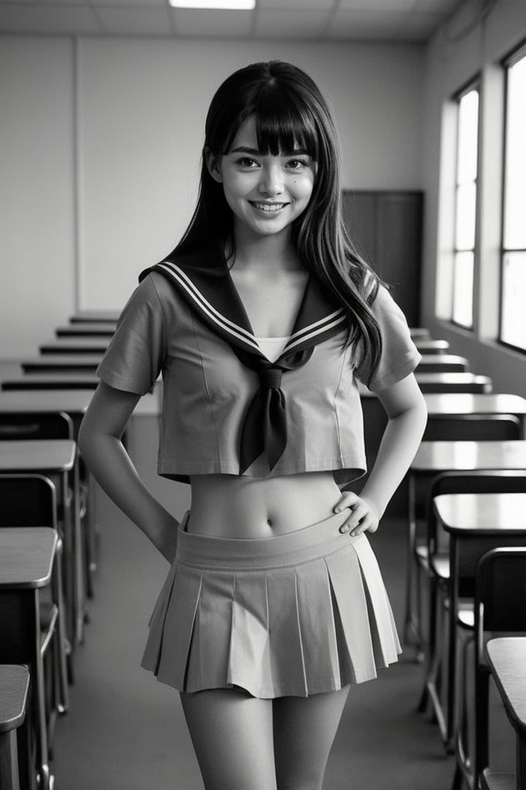 girl standing in school classroom,sailor shirt,micro mini skirt,18-year-old,bangs,a little smiles,thighs,crotch,knees,short cut hair,ponytail,from below,acjc