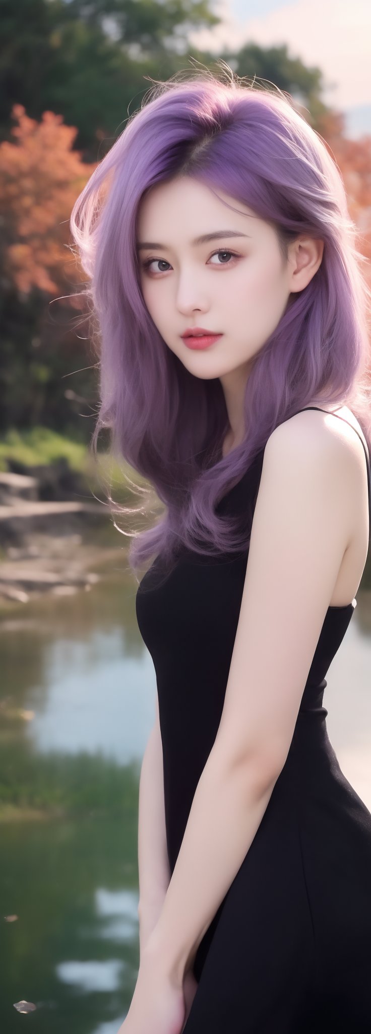 ((purple hairs)) Best work, (Best quality, ,HDR, 8k, 32k, raw photo, photorealistic, UHD:1.2), beautiful 20 year old girl in long black dress at the lakeside in a forest, eyes, pink hair, detailed face, perfect face, pond, dark sky, lights in the background, realism, red sky, detailed sky, realistic clouds, sun, bright environment, late afternoon, sun rays in the clouds,idol,Korean,perfect light,korean,beauty