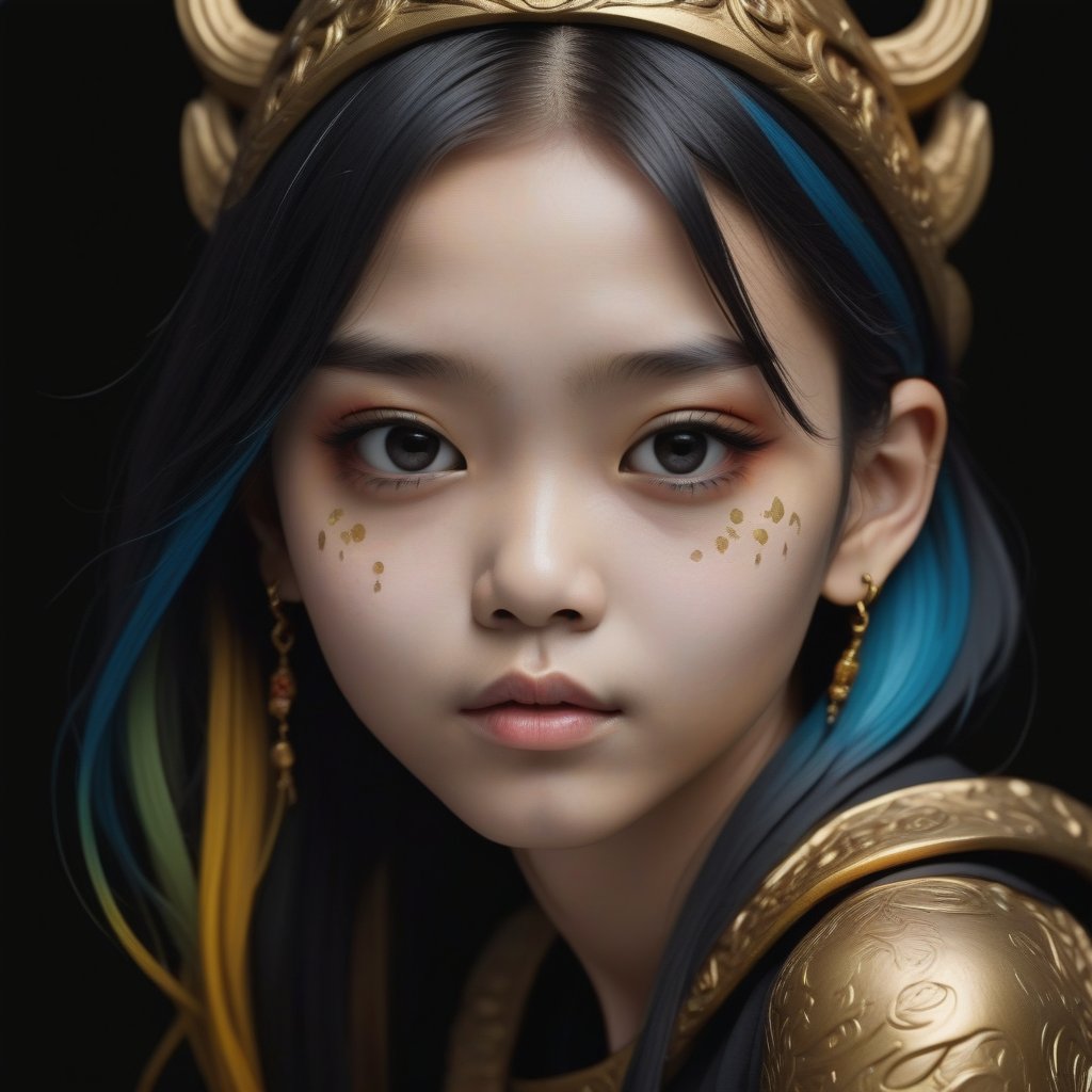 masterpiece, high quality photo, cool tone, (black simple background), colorful cute-girl carved on gold, (wide shot), unpleasant look, drtailed face,INK,ink