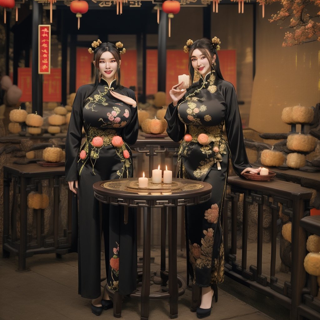 1womanl, 20yr old,((Chinese female celebrity)),The lens is shot from top to bottom,Chinese costumes,Gorgeous,the night,Ancient Chinese architecture,Chinese elements,Wooden dining table,((Mid-Autumn Mooncakes)),candlestick,Candle,lantern,,baifernbah,see_through