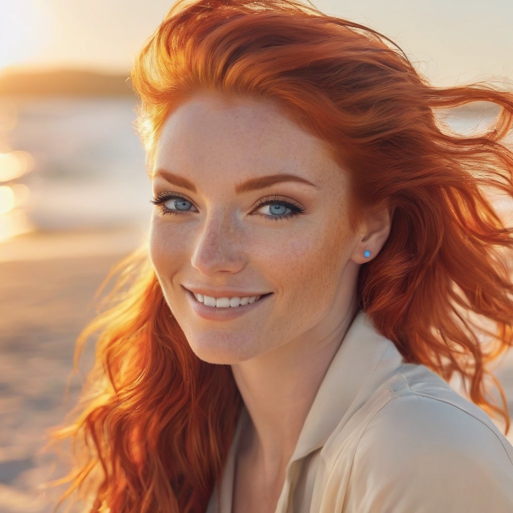 Generate hyper realistic image of a woman with striking red hair up close, smiling with the backdrop of a beach at sunset. The warm hues of the evening sun emphasize her blue eyes and the subtle freckles on her glowing skin.