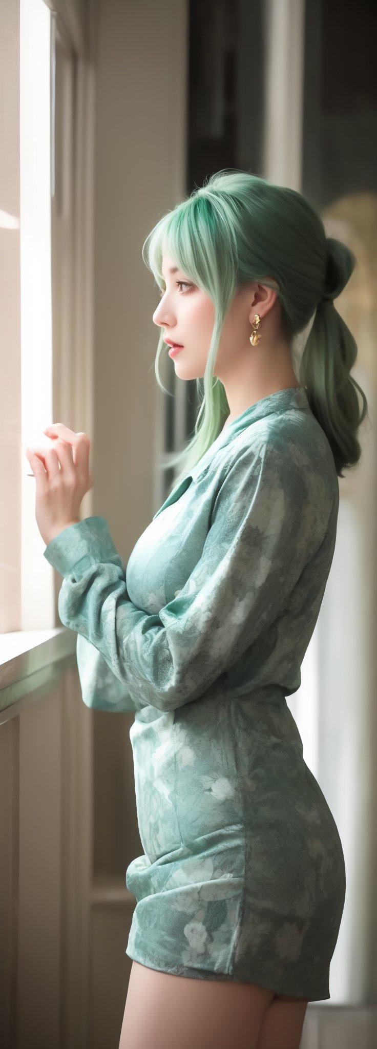 ((green hairs)) hyper realistic image of a woman in a short dress with a floral print, her long sleeves adding a touch of elegance as she stands in a cowboy shot pose. Her white hair is styled in a chic ponytail, drawing attention to her striking profile and luscious lips, while dangling earrings catch the light.