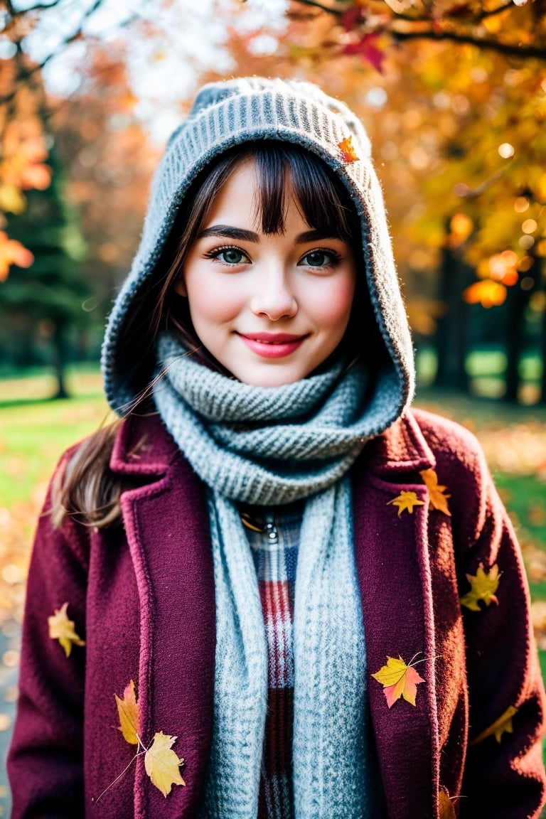 cloesed lips, cute smile, (masterpiece, best quality), 1girl, Cozy Autumn themed Walk, nature walk, Autumn day, flora, beautiful lighting, Autumn colors, Autumn elements,


more detail, 