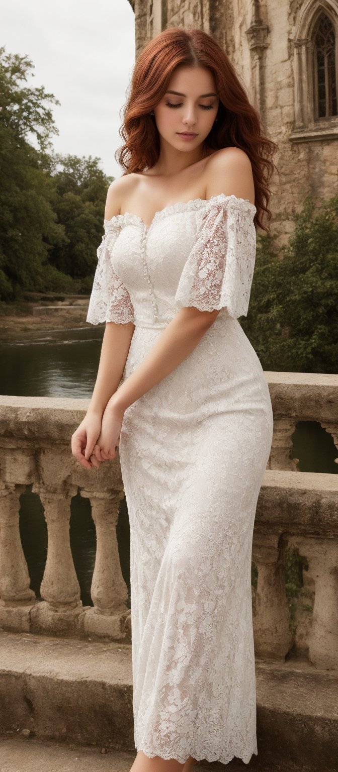 Generate hyper realistic image of a woman with short, wavy red hair that frames her face and accentuates her delicate features. She is wearing an off-shoulder white gown with intricate lace details and ruffles on the sleeves. The bodice is fitted with ornate embellishments. She is leaning slightly against a stone railing, with one hand resting on the railing and the other touching her hair. She has a serene and calm expression, with a hint of wistfulness in her eyes. She is standing in an old, majestic castle and a scenic river.