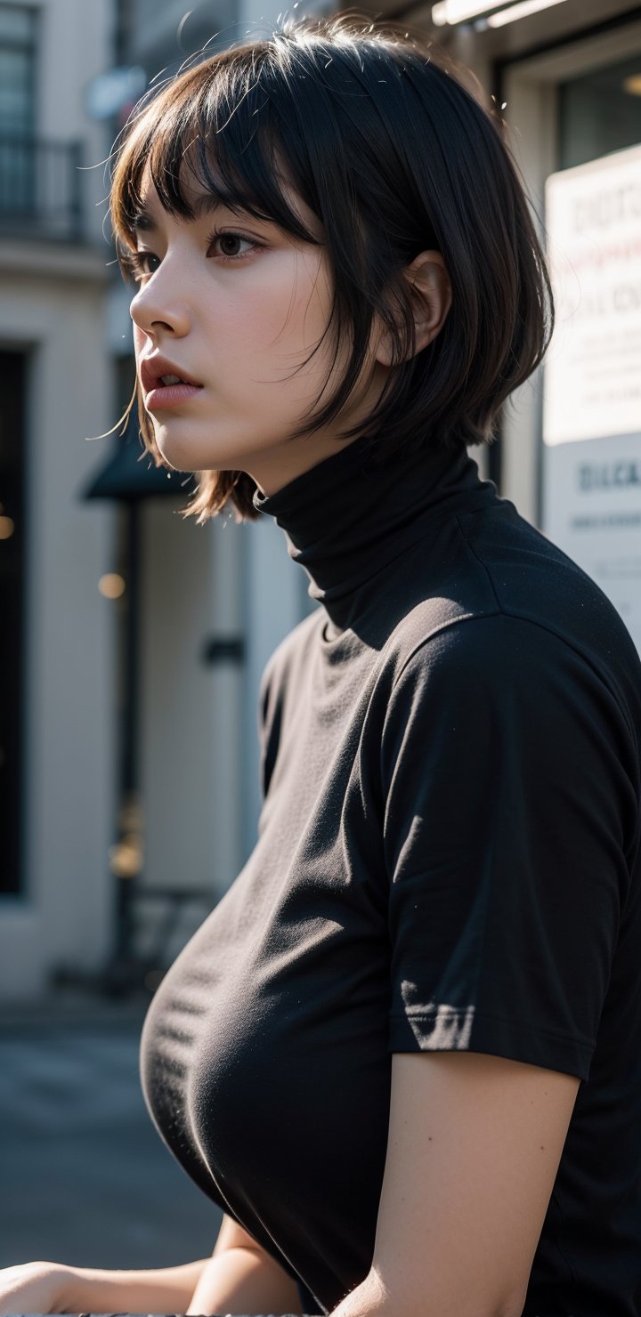 illustraion, aesthetically pleasing, 2girl, solo, slim, black hair, bobcut, bangs, black eyes, closed mouth, black shirt, short sleeves, turtleneck, upper body, standing up, realistic background