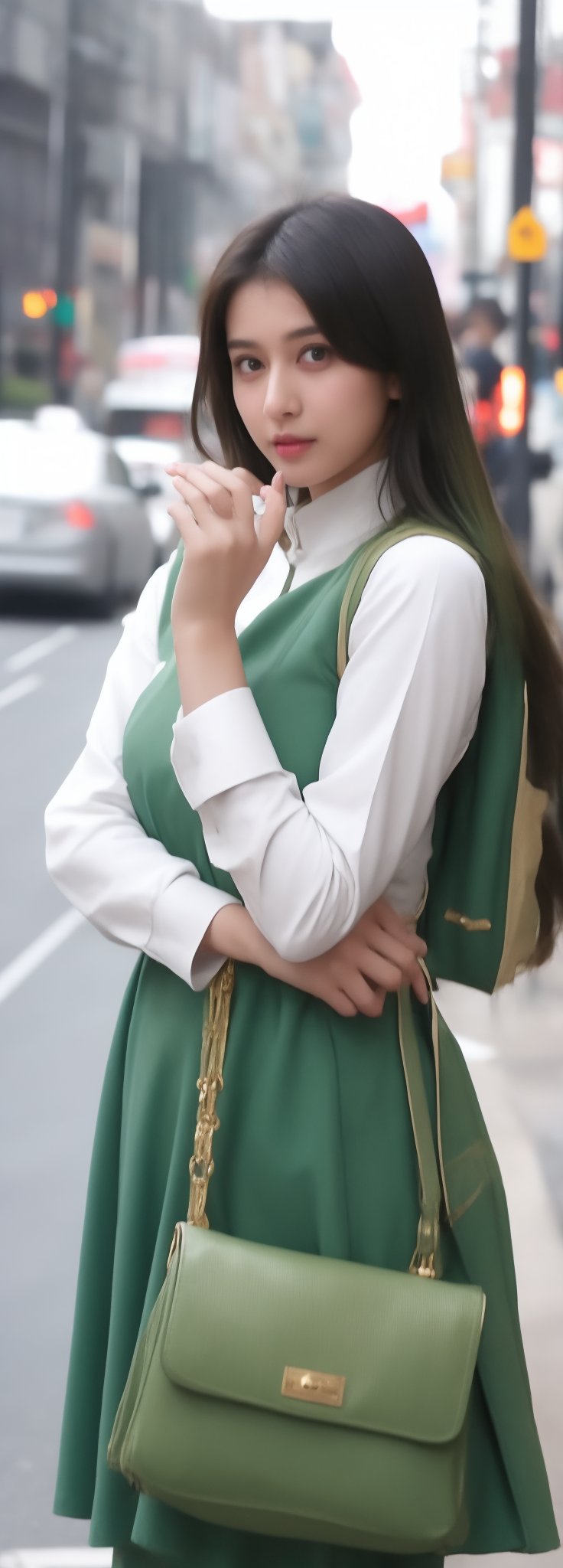 lovely  cute  young  attractive  indian  teenage  girl  in  a  pretty foreign dress,  23  years  old  ,  cute  ,  an  Instagram  model  ,  long  yellow-green_hair  ,  winter  ,  on the road  .  , bag in hands „  Indian 