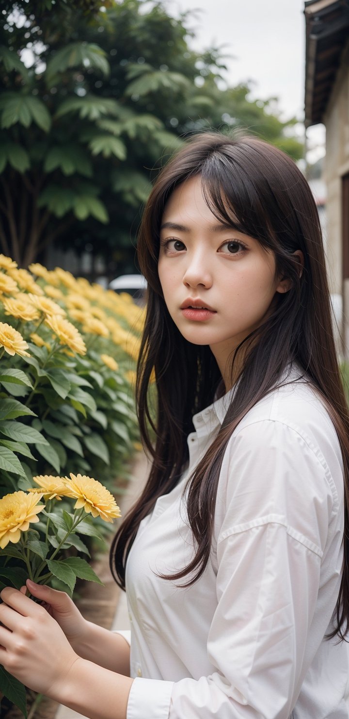 Beautiful girl holding flower village 