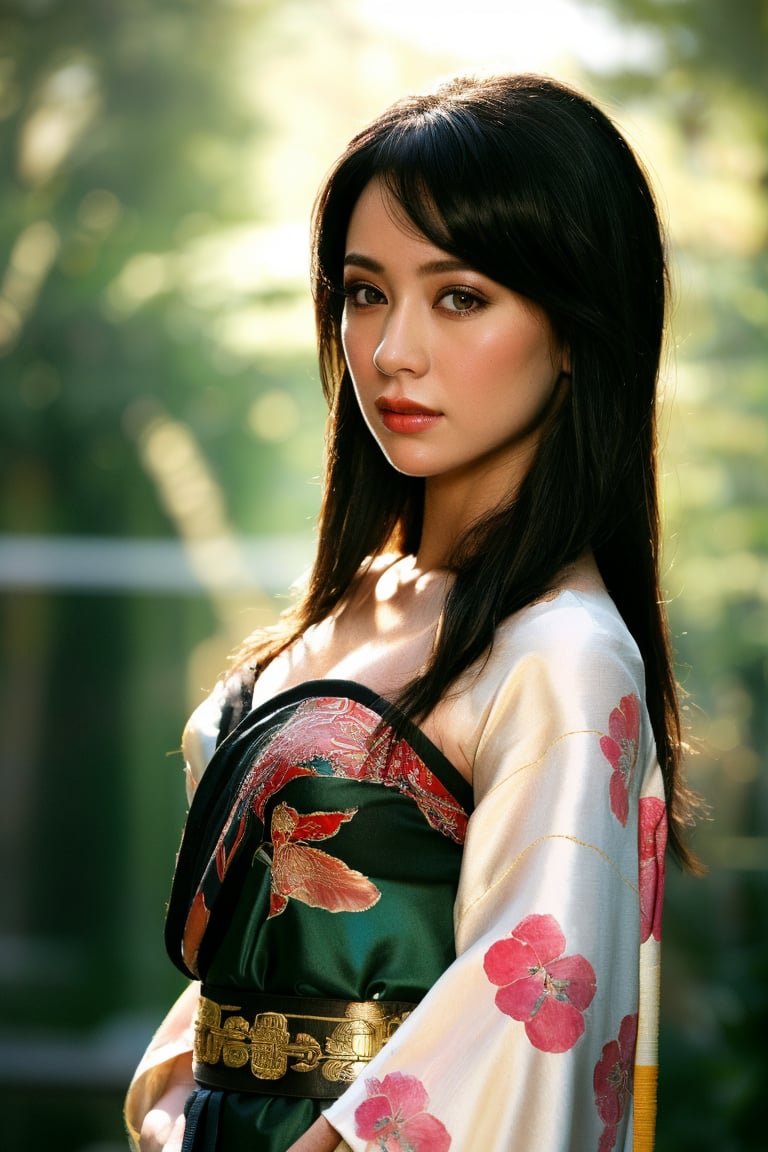 Natural Light, (Best Quality, highly detailed, Masterpiece:1.2), 16k, depth of field, ((wide shot)), 1girl  A lady with long black hair, Full body picture,Tang Dynasty Clothing,barefoot, wearing a white strapless kimono, dark green silk thread, Transparent watercolor, splash ink rendering, chaos rendering, (beautiful and detailed eyes), (realistic detailed skin texture), (detailed hair), (realistic light and shadow), (clean outline, sketch style line art),ink splash,solid color background