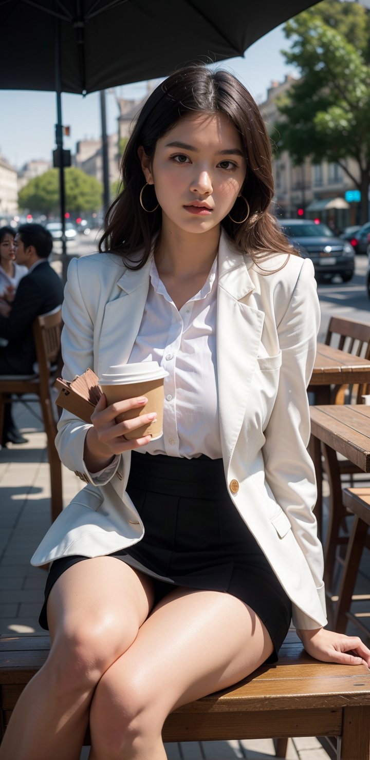 paris,street,outdoor cafe,parasol,table((coffee cups(straw),laptop,book,cellphone)),shoulder bag,
20 yo, 2 girl, beautiful korean girl,happy smile,drinking coffee,sitting(close legs) on the chair,
wearing white tight suit(laced blouse and jacket), tight short skirt,solo, {beautiful and detailed eyes}, dark eyes, calm expression, delicate facial features, ((model pose)), Glamor body type, (dark hair:1.2),hair_past_waist,curly hair,very long hair,simple tiny earrings, flim grain, realhands, masterpiece, Best Quality, 16k, photorealistic, ultra-detailed, finely detailed, high resolution, perfect dynamic composition, beautiful detailed eyes, eye smile, ((nervous and embarrassed)), sharp-focus, full_body, cowboy_shot,