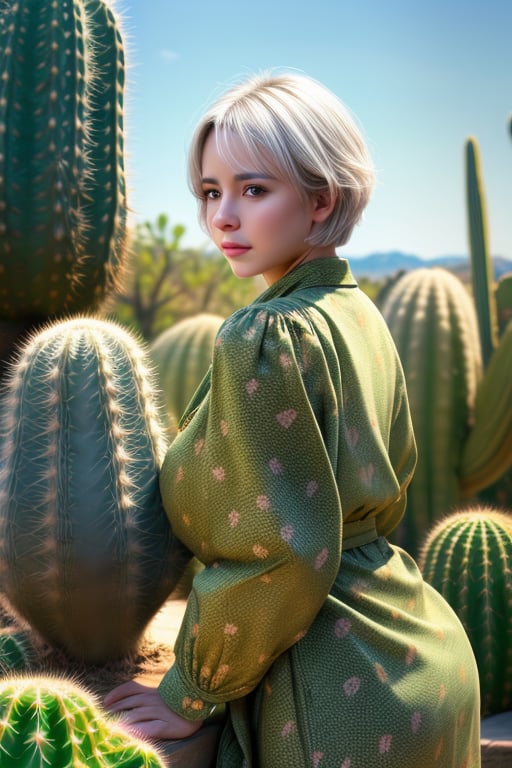 vibrant colors, female, masterpiece, sharp focus, best quality, depth of field, cinematic lighting, ((solo, one woman )), (illustration, 8k CG, extremely detailed), masterpiece, ultra-detailed, looking at viewer, short hair, green eyes, cactus, cactus clothes, no emotinal face, white hair
