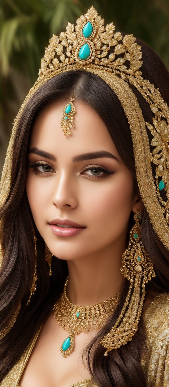 Generate hyper realistic image of a woman with long, dark brown or black, flowing freely with soft waves. The hair is adorned with a golden headpiece featuring turquoise jewels. She has large, expressive, and strikingly green with hints of gold. The eyes are framed by dark, thick lashes and perfectly arched brows. Her lips are full and naturally pink, slightly parted while smilling. She wears a white and green garment with intricate gold embroidery. The fabric is rich and luxurious. The neckline plunges modestly, adorned with a series of golden necklaces featuring turquoise stones. She wears a golden chain with turquoise jewels that rests on her forehead, connecting to a white, gold-trimmed veil that drapes over her head and shoulders. The background is blurred and abstract, with warm, golden tones.