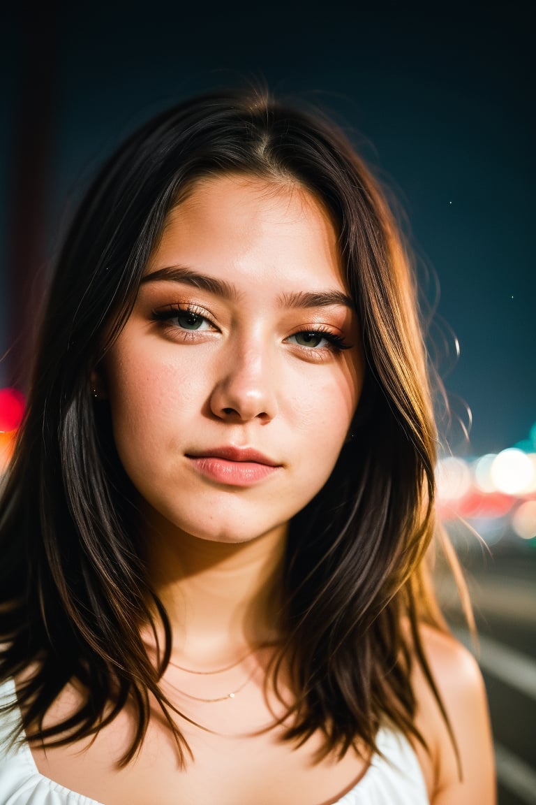 instagram photo, closeup face photo of 18 y.o swedish woman in dress, beautiful face, makeup, night city street, bokeh, motion blur
