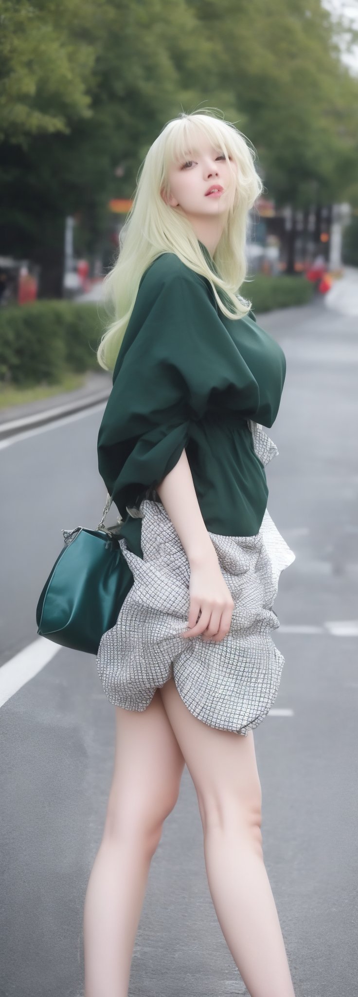 lovely  cute  young  attractive  Europe teenage  girl  in  a  pretty foreign dress,  23  years  old  ,  cute  ,  an  Instagram  model  ,  long  yellow-green_hair  ,  winter  ,  on the road  .  , bag in hands „ Europe 