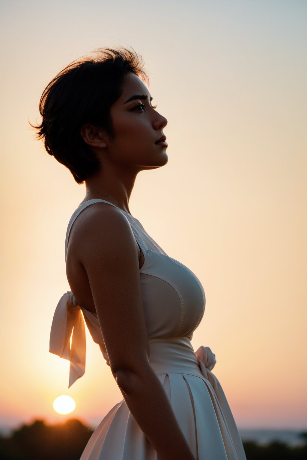 1girl, solo, short hair, black hair, White long skirt,whole body, flower, redscale, profile,sunset,movie mood,Beautiful